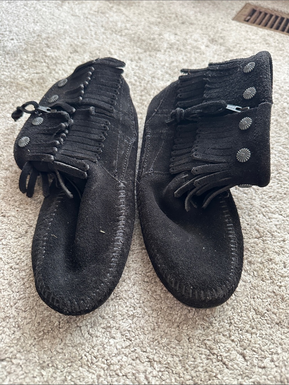 Minnetonka Black Suede Fringe Moccasins with Conchos